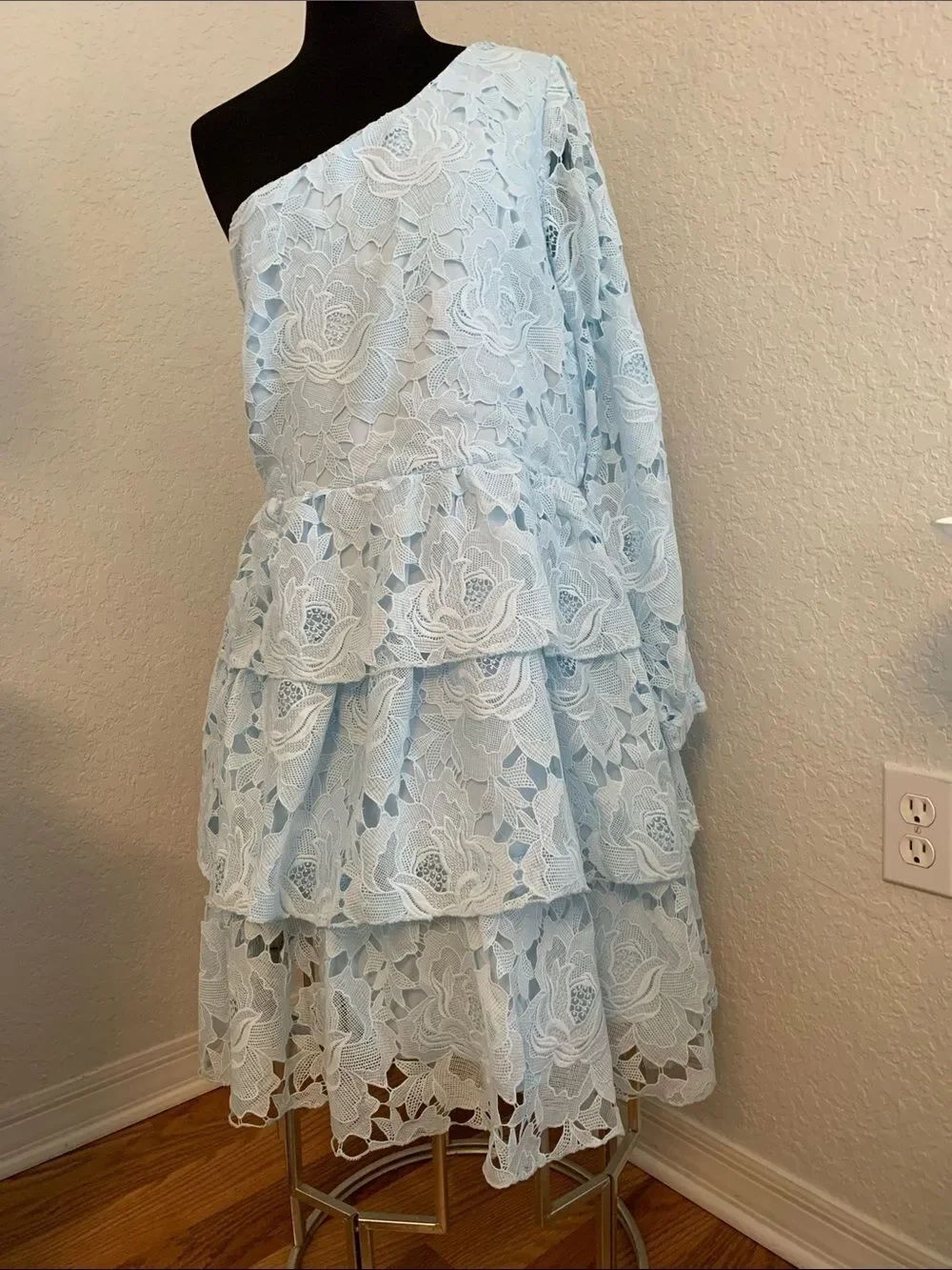 NWOT Layered With Love One-Shoulder Floral Lace Dress in Light Blue Size L